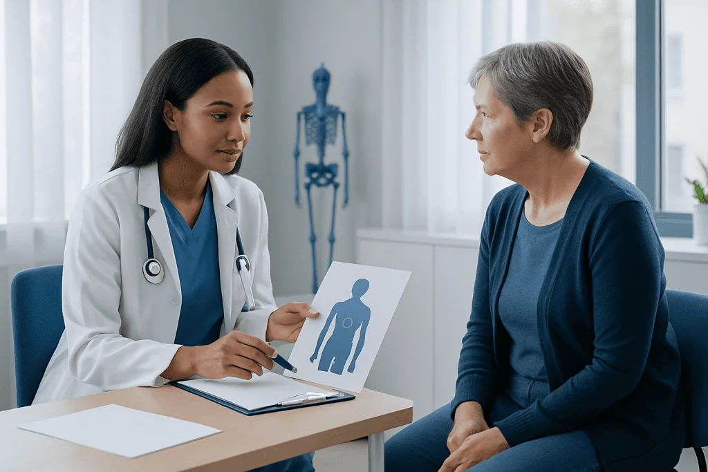 Doctor explaining cancer treatment options to an older female patient.