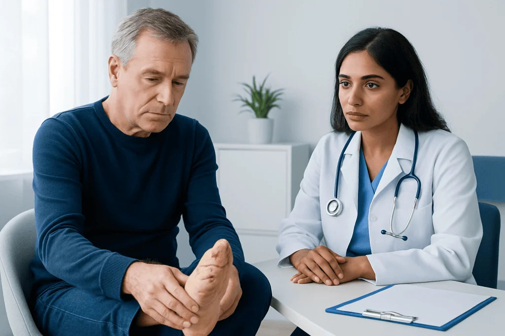 Doctor examining patient's foot with onychogryphosis condition.