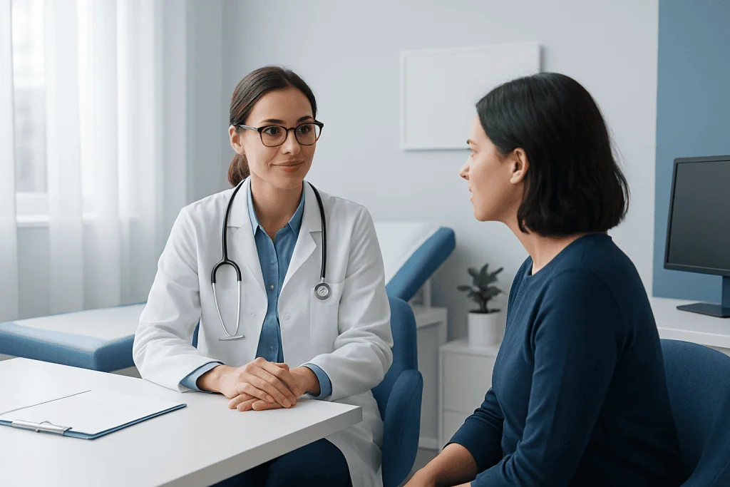 Doctor consulting with a patient in a modern medical office.