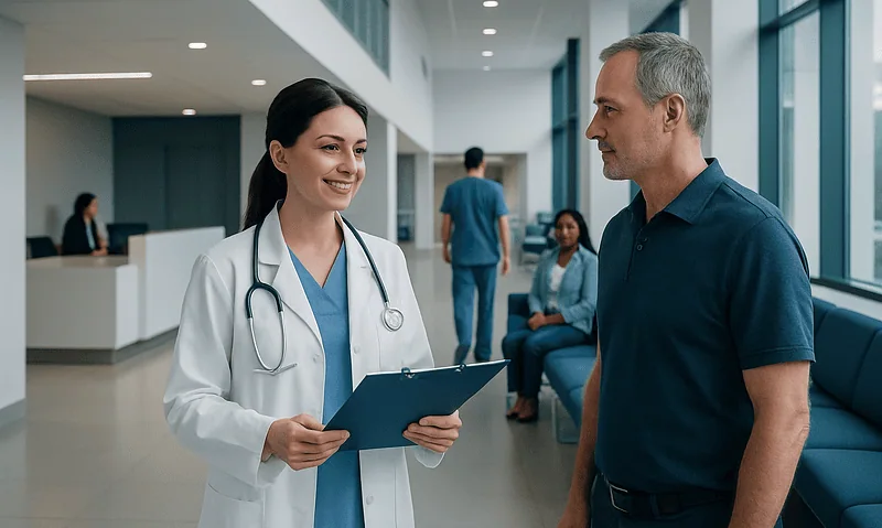 Doctor talking to a patient in a modern hospital lobby.