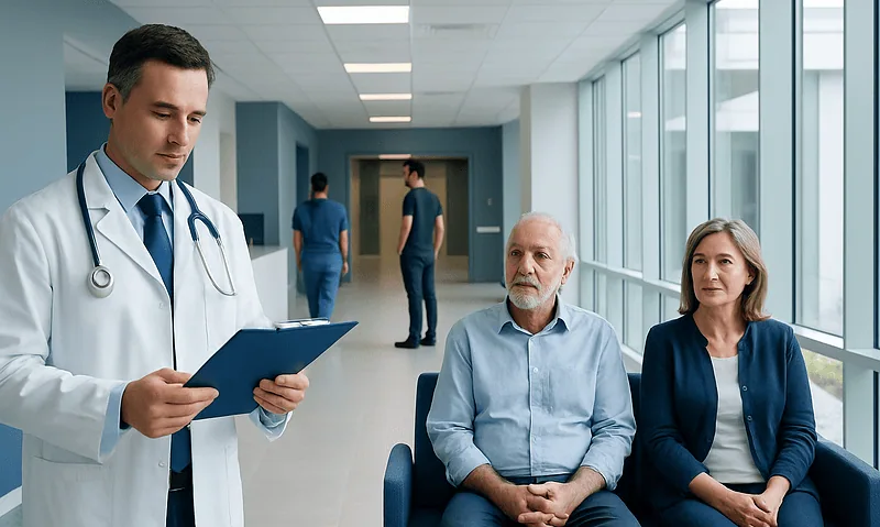 Doctor consulting with elderly patients in hospital corridor.
