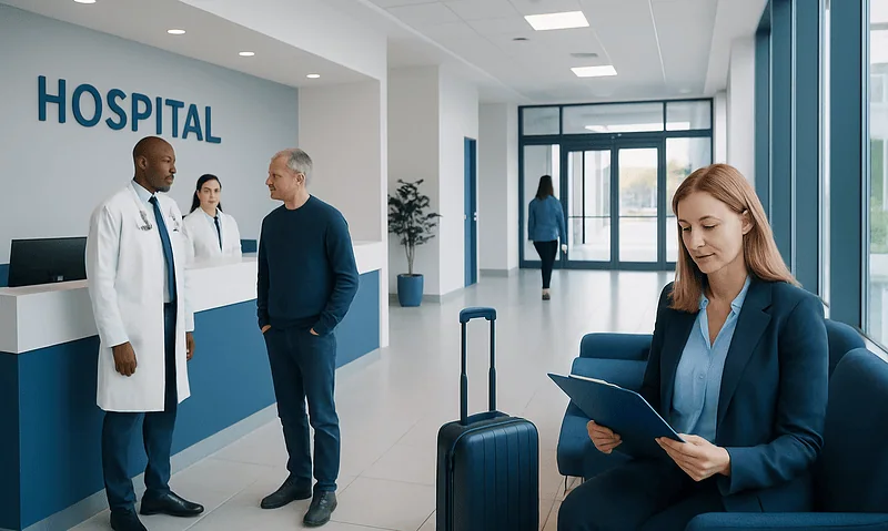 Hospital reception area with staff and a patient waiting with luggage.