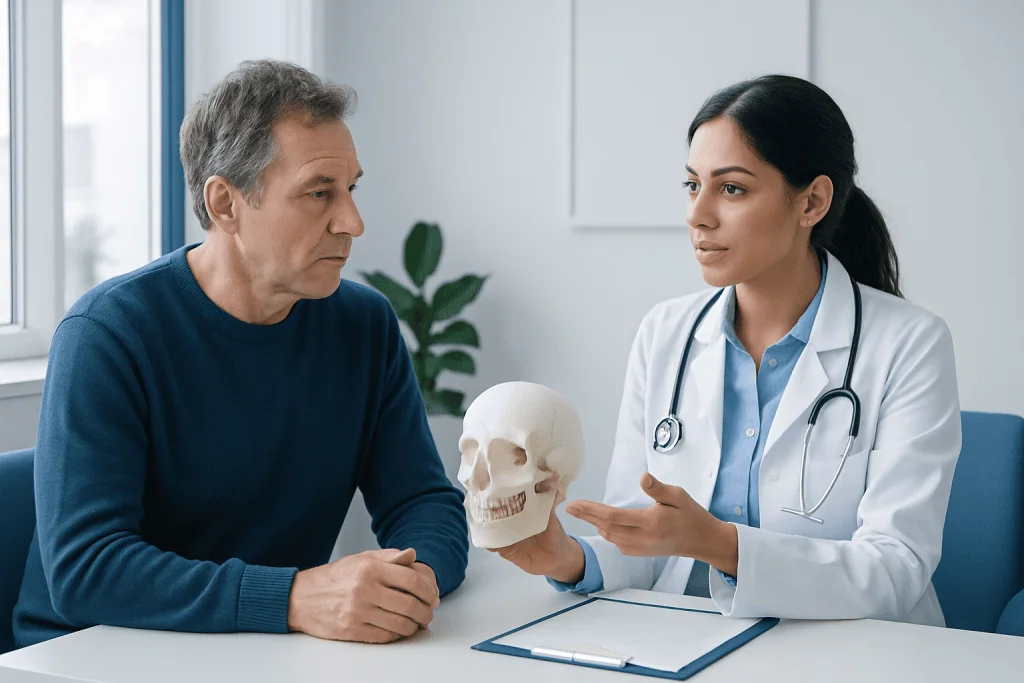 Dentist explaining jaw health to patient with skull model in clinic.