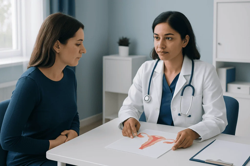 Gynecologist explaining ovarian cysts to patient in consultation room.
