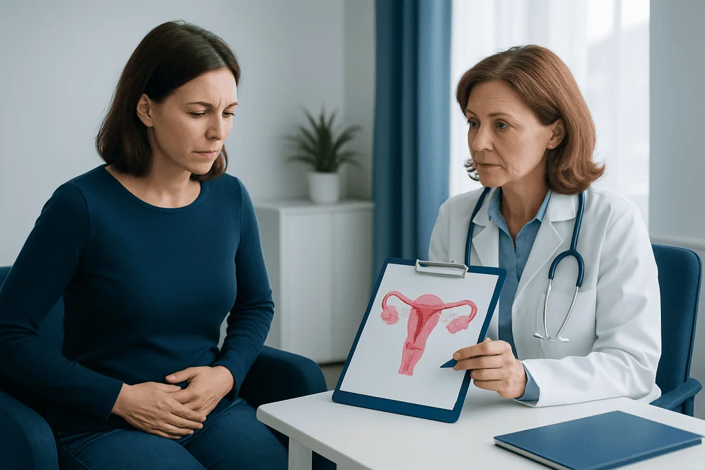 Doctor explaining ovarian health to patient with uterus diagram.