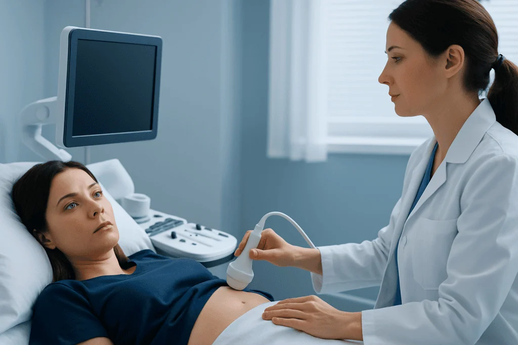 Doctor performing an ultrasound on a patient in a hospital room.