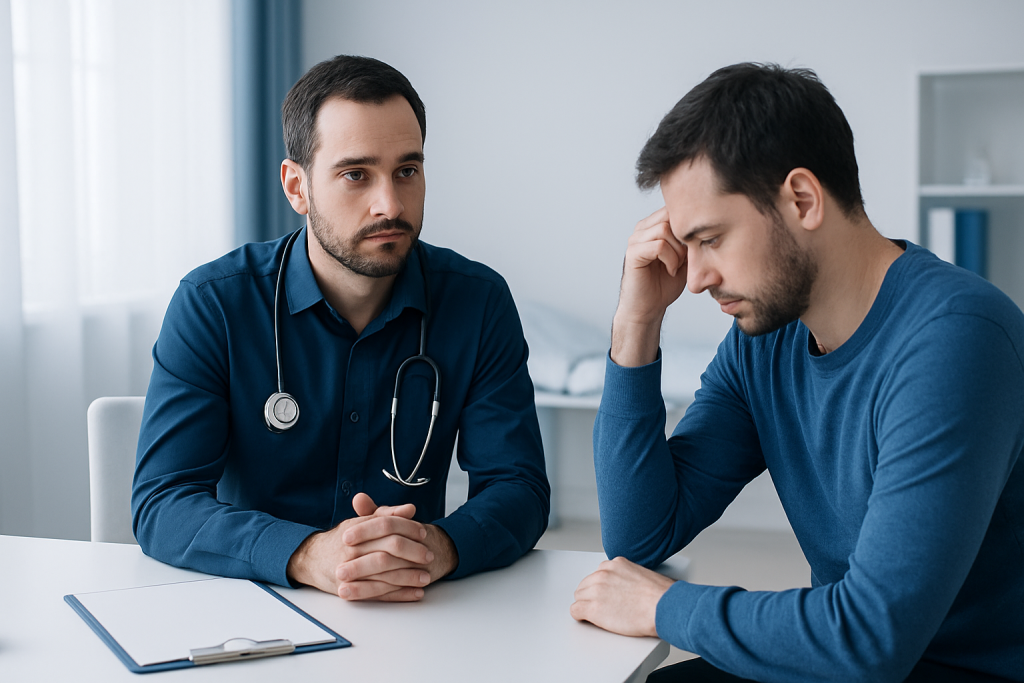Doctor consulting with a patient about overexertion and health risks.