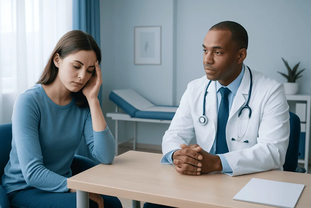 Patient consulting with doctor about sleep issues in a medical clinic.
