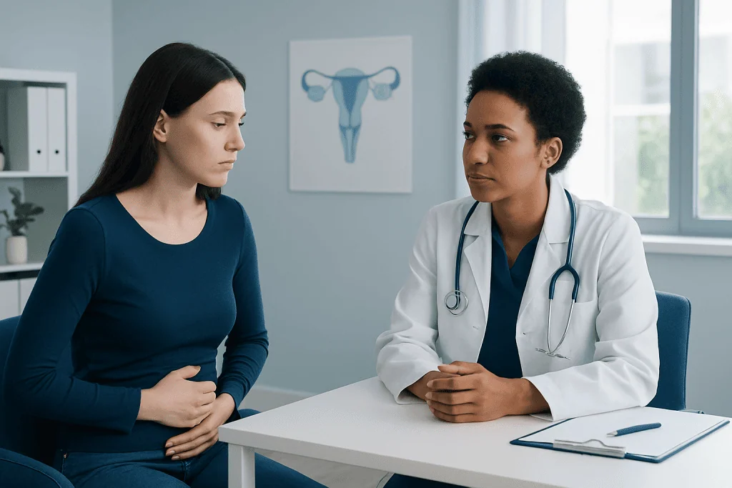 Doctor consulting with a patient about ovulation bleeding in a medical office.