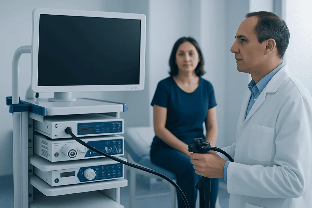 Doctor preparing medical equipment in a hospital room with a patient in the background.