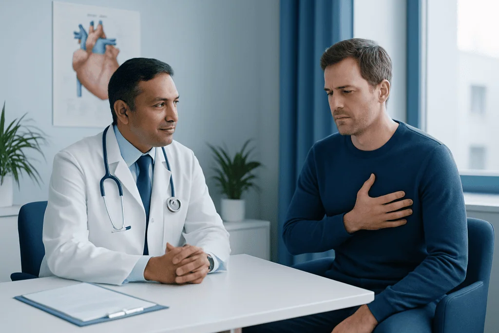 Doctor consulting with a patient about heart health and arrhythmia.