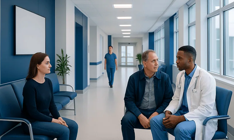 Doctor consulting with patient in hospital corridor, healthcare setting in Turkey.