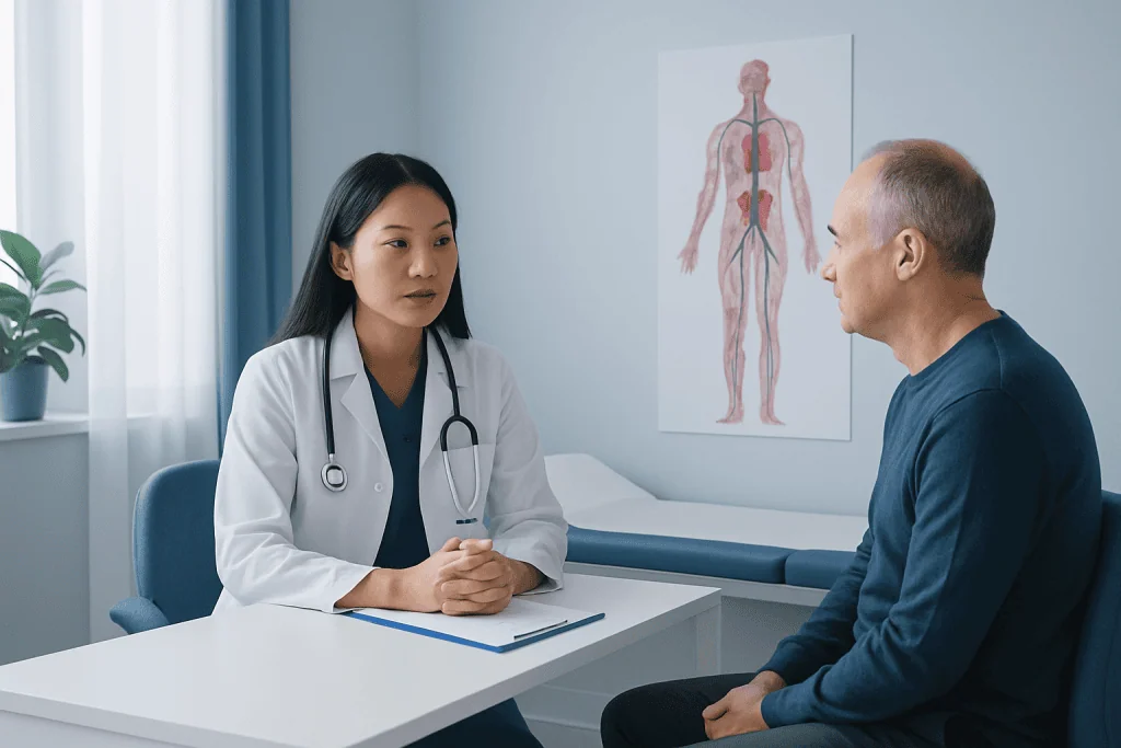 Doctor consulting with patient in a medical office with anatomical poster.