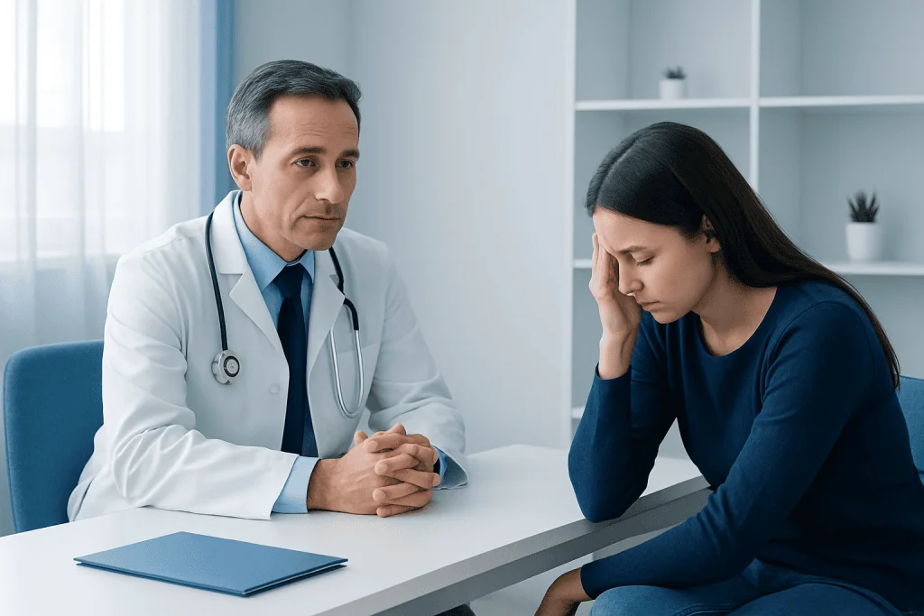 Doctor consulting with a young woman experiencing stress or anxiety.