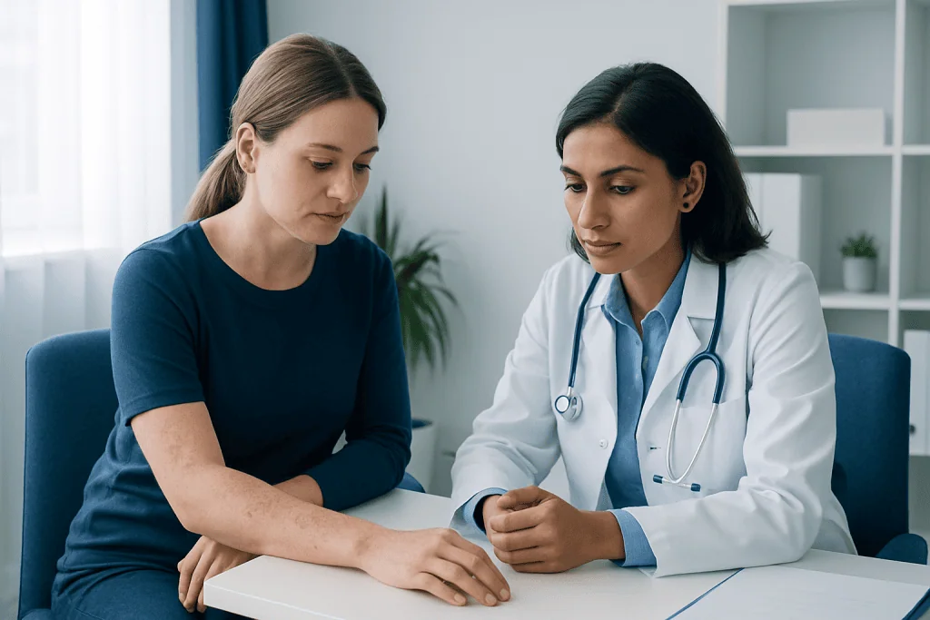 Doctor examining patient's skin for eczema symptoms in clinic setting.