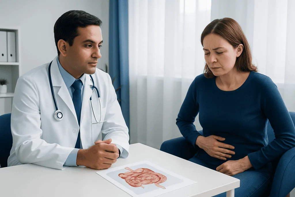 Doctor consulting with patient about digestive health and intestinal issues.