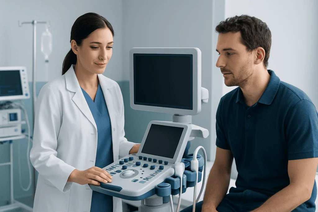 Doctor performing an ultrasound examination on a patient in a hospital setting.