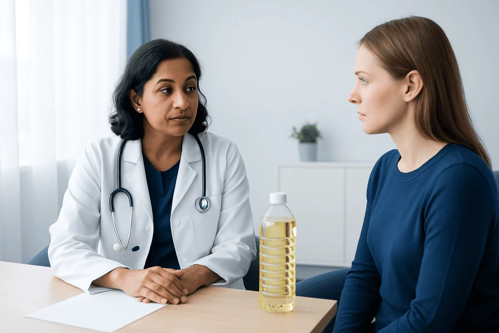 Doctor consulting a patient in a medical office with a bottle of oil on the table.