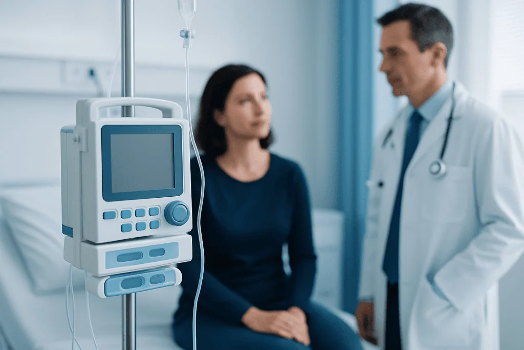 Patient in hospital bed with medical monitor and doctor in consultation.