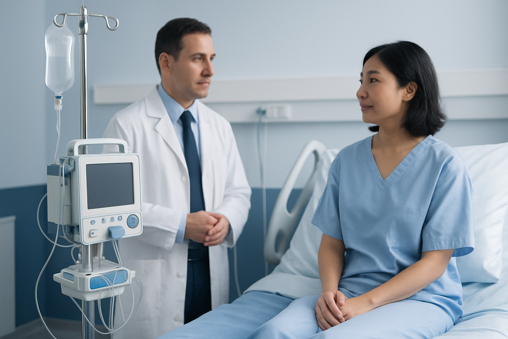 Doctor and patient in hospital room discussing treatment options.