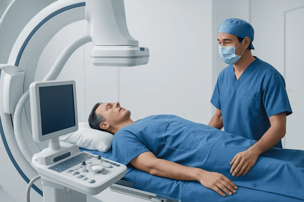 Cardiology procedure in progress at Acibadem Hospital with medical staff and advanced equipment.