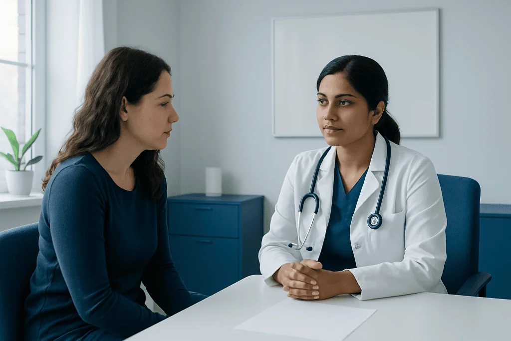 Doctor consulting a patient about PCOS symptoms in a clinical setting.