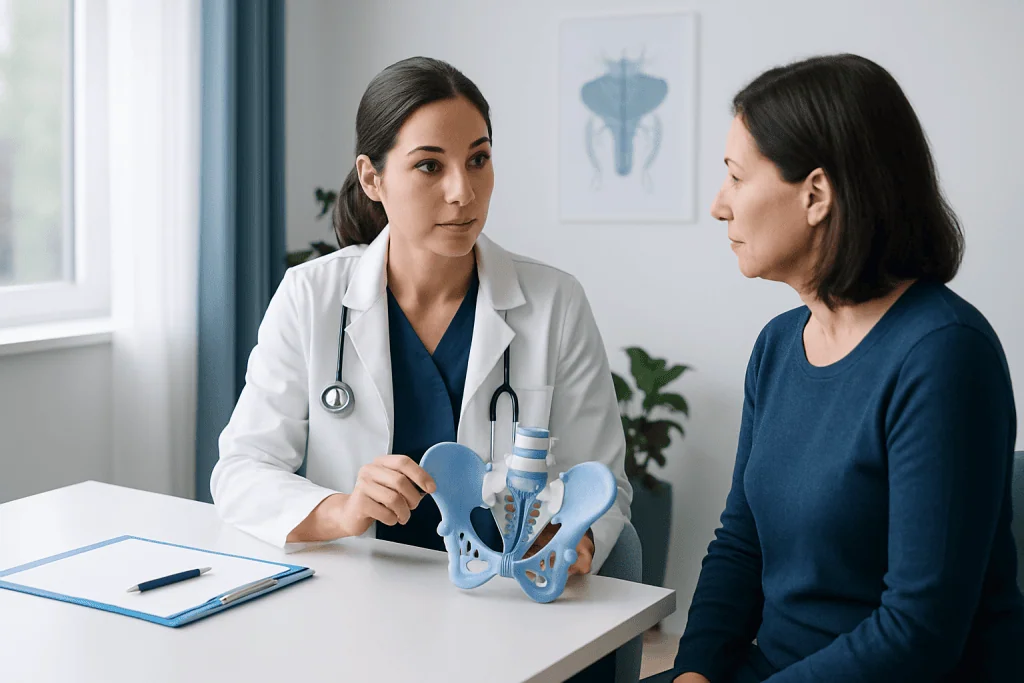 Doctor explaining pelvic anatomy to patient in a medical consultation.