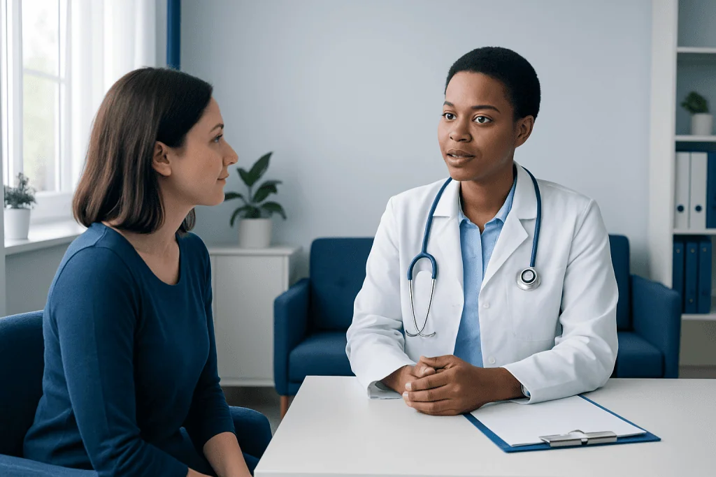 Doctor consulting with a patient in a medical office setting.