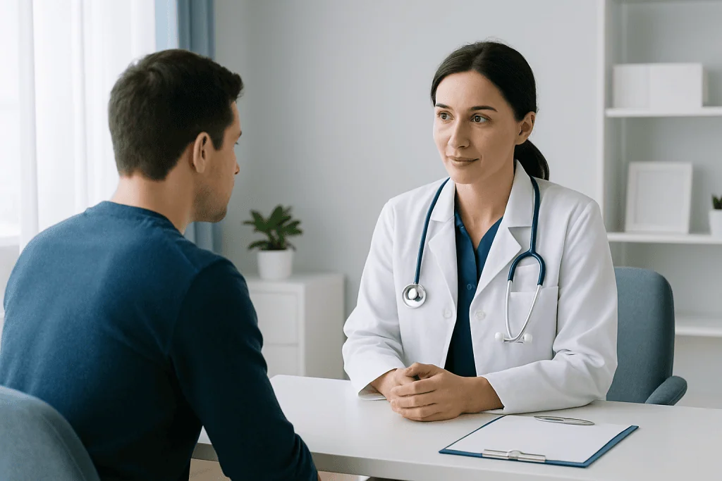 Doctor consulting with a patient in a medical office setting.