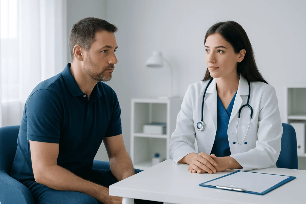 Doctor consulting male patient in a medical office setting.