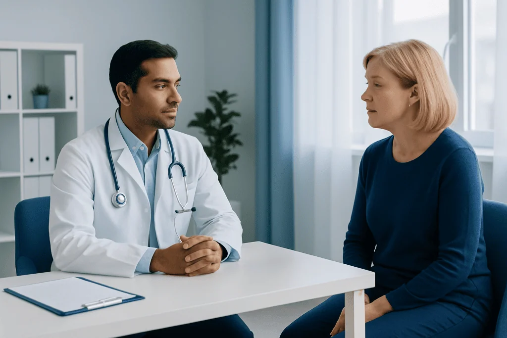 Doctor consulting with a female patient in a modern clinic setting.