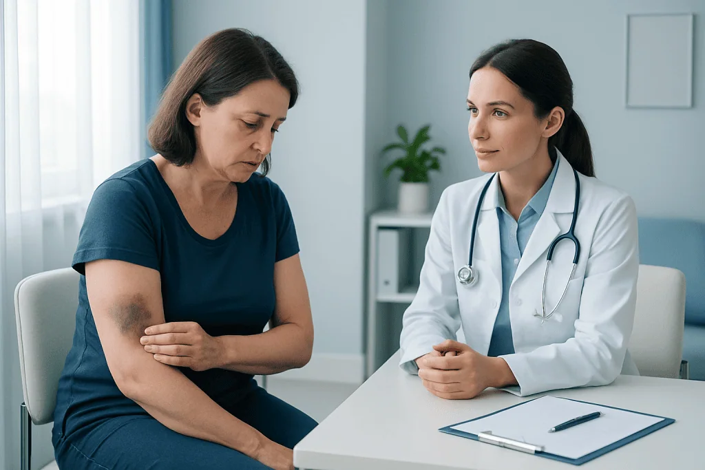Doctor consulting with a patient with bruises on her arm in a medical office.