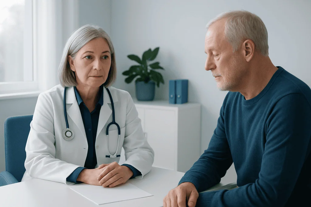 Doctor consulting with an elderly male patient in a medical office.