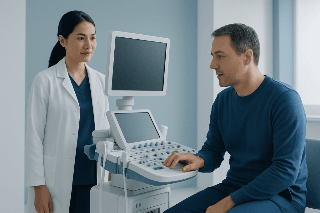 Doctor performing an ultrasound exam on a patient in a clinical setting.