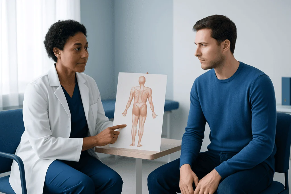 Doctor explaining muscle anatomy to patient in medical consultation room.