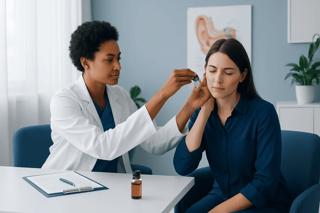 Doctor examining patient's ear in a clinical setting.