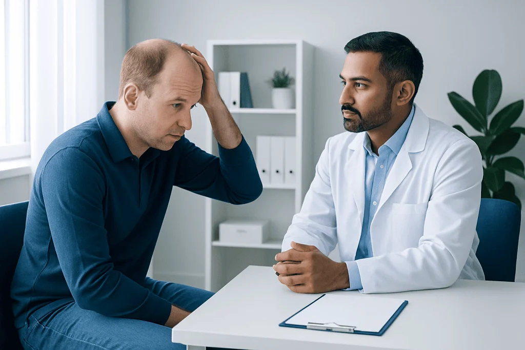 Doctor consulting with patient about hair loss treatment options.