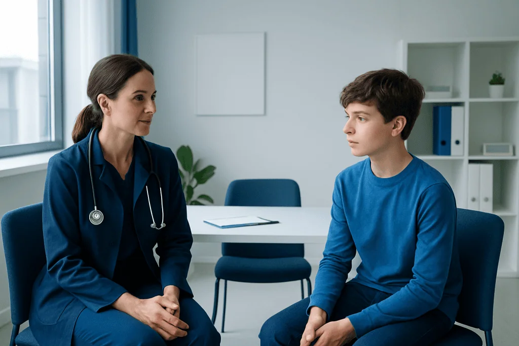 Doctor consulting with a young patient in a modern medical office.