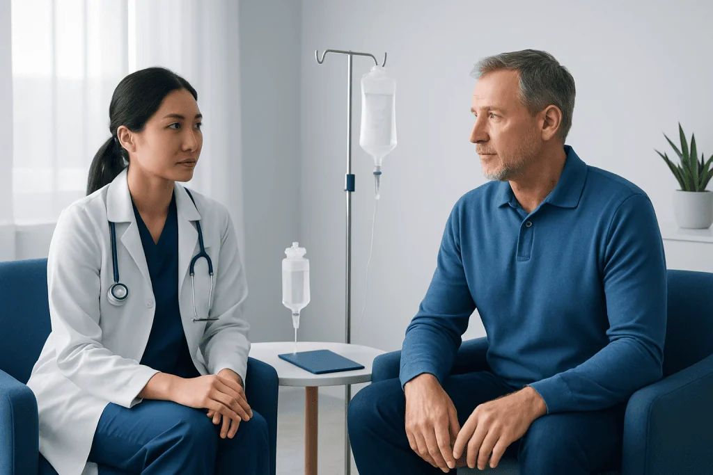 Doctor consulting with a male patient in a hospital room.