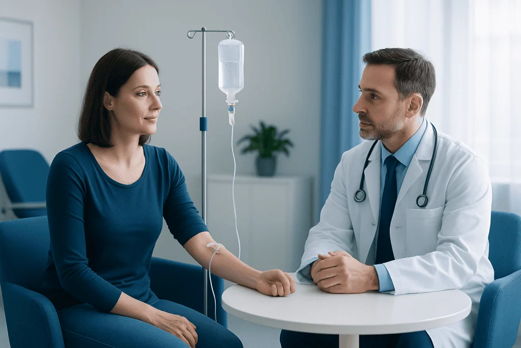 Patient receiving IV therapy in a hospital consultation room.