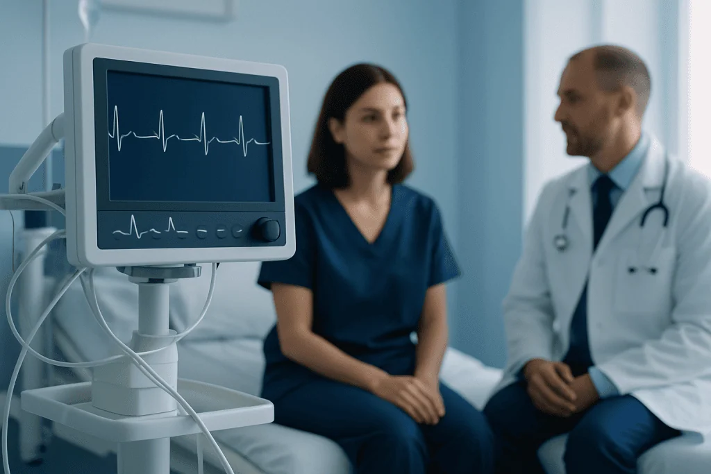 Doctor and patient in a hospital room with heart monitor.