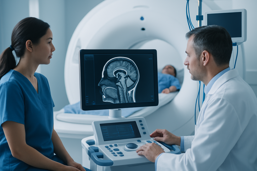 Medical professionals reviewing brain MRI scan in hospital setting.