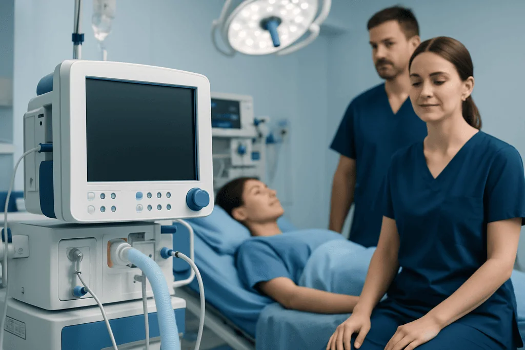 Medical team monitoring patient with ventilator in hospital room.