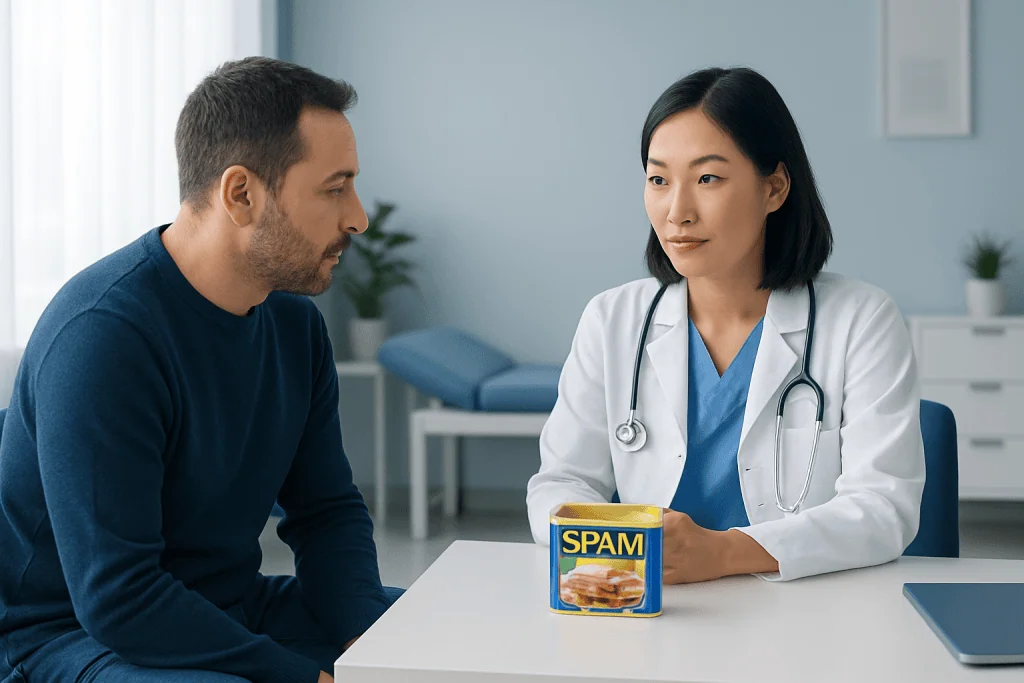 Doctor discussing spam food with patient in a medical consultation.