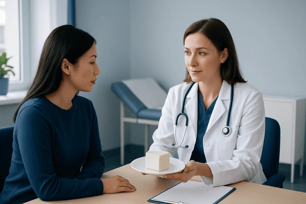 Doctor discussing health with patient in a medical consultation room.