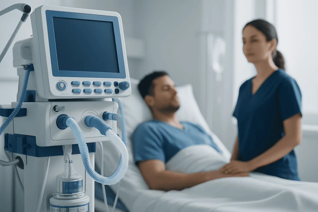 Hospital patient monitor with a patient and nurse in the background.