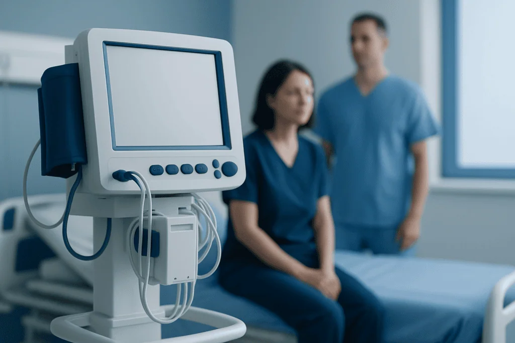 Medical monitor in hospital room with two healthcare professionals in background.