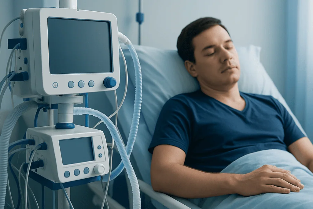 Patient resting in hospital bed with medical monitors nearby.