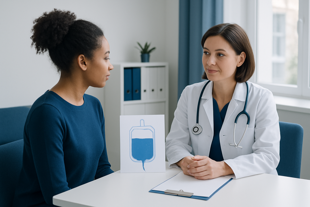 Doctor consulting patient about plasma donation process in a medical office.