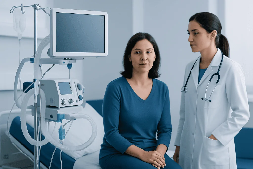 Medical consultation in a hospital room with patient and doctor.